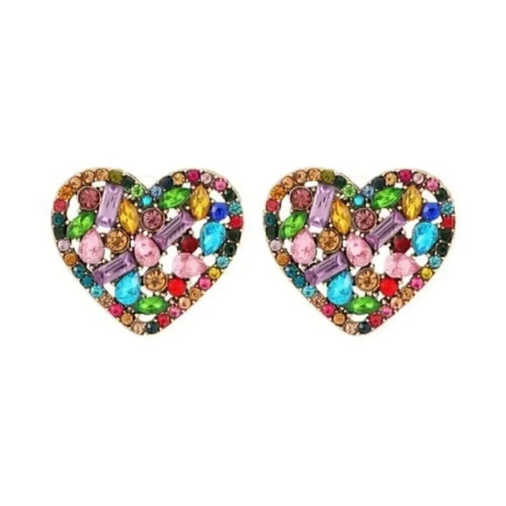 Colorful Heart Shaped Stud Earrings Embellished With Shiny Rhinestones - Picture 4 of 5